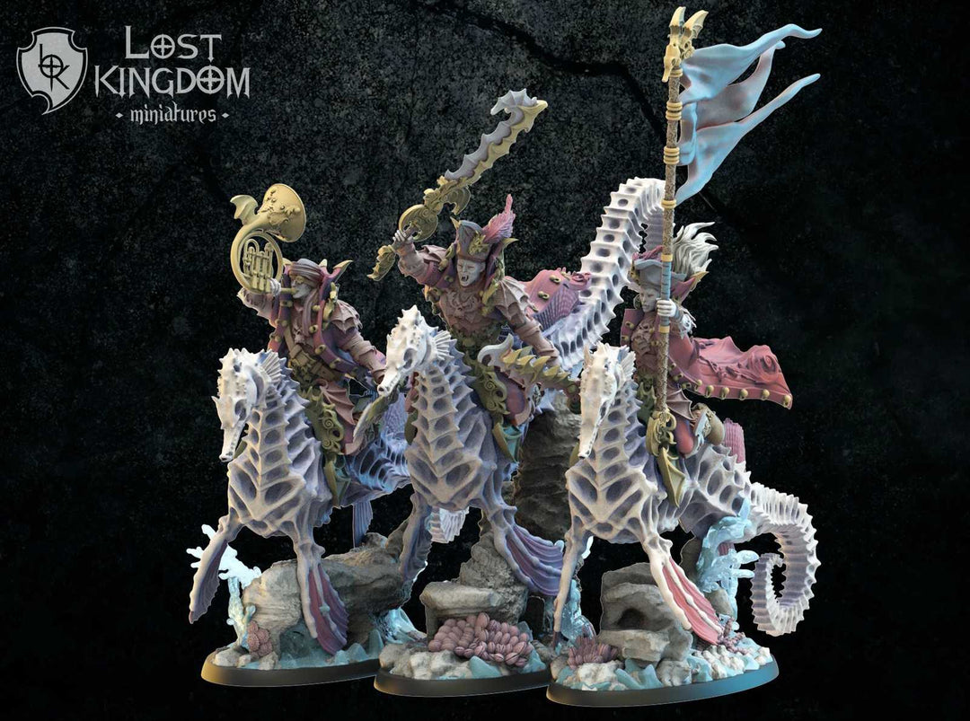 Detailed fantasy cavalry miniatures with seahorse mounts and armored riders