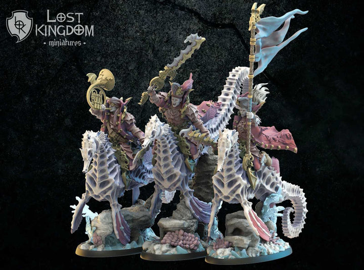 Detailed fantasy cavalry miniatures with seahorse mounts and armored riders