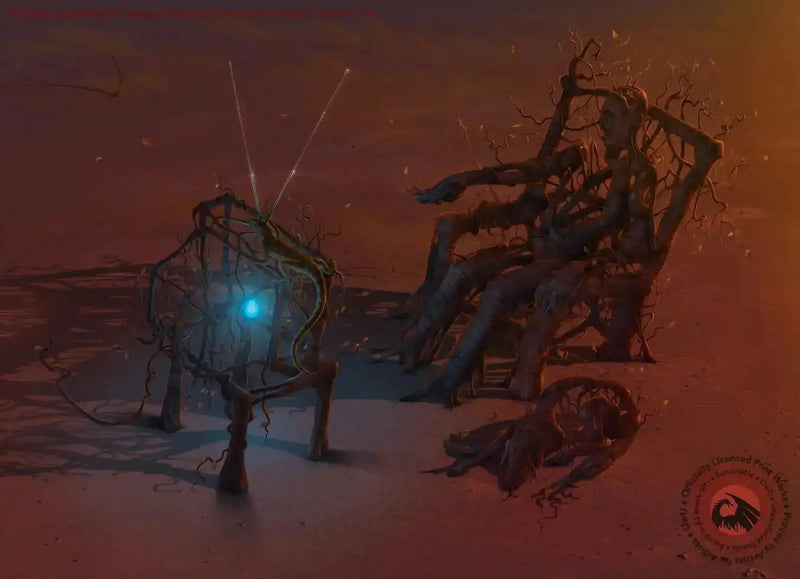 Dark fantasy art print with twisted tree and glowing blue orb