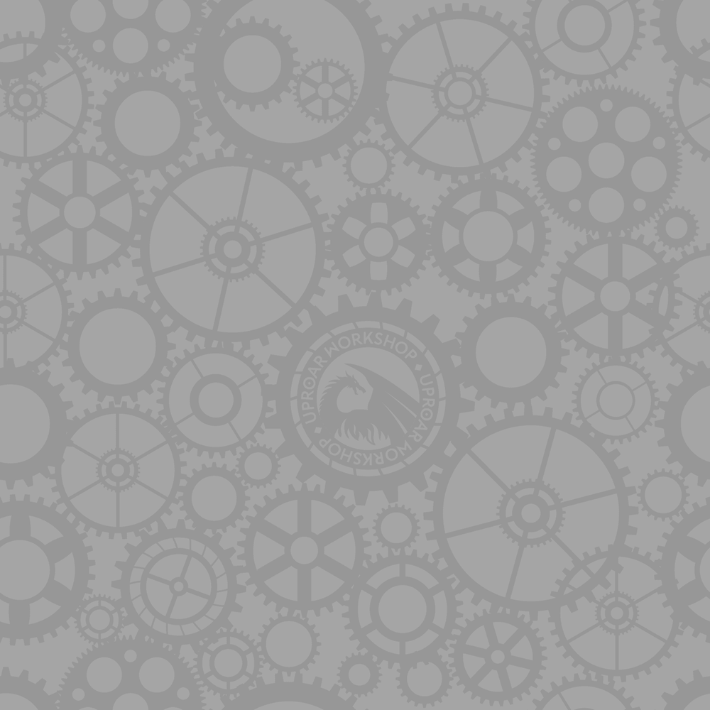 Gray gear pattern with the Uproar Workshop dragon logo.