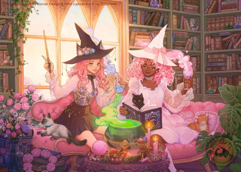 Fantasy witches reading magic books in cozy library with cats and potion