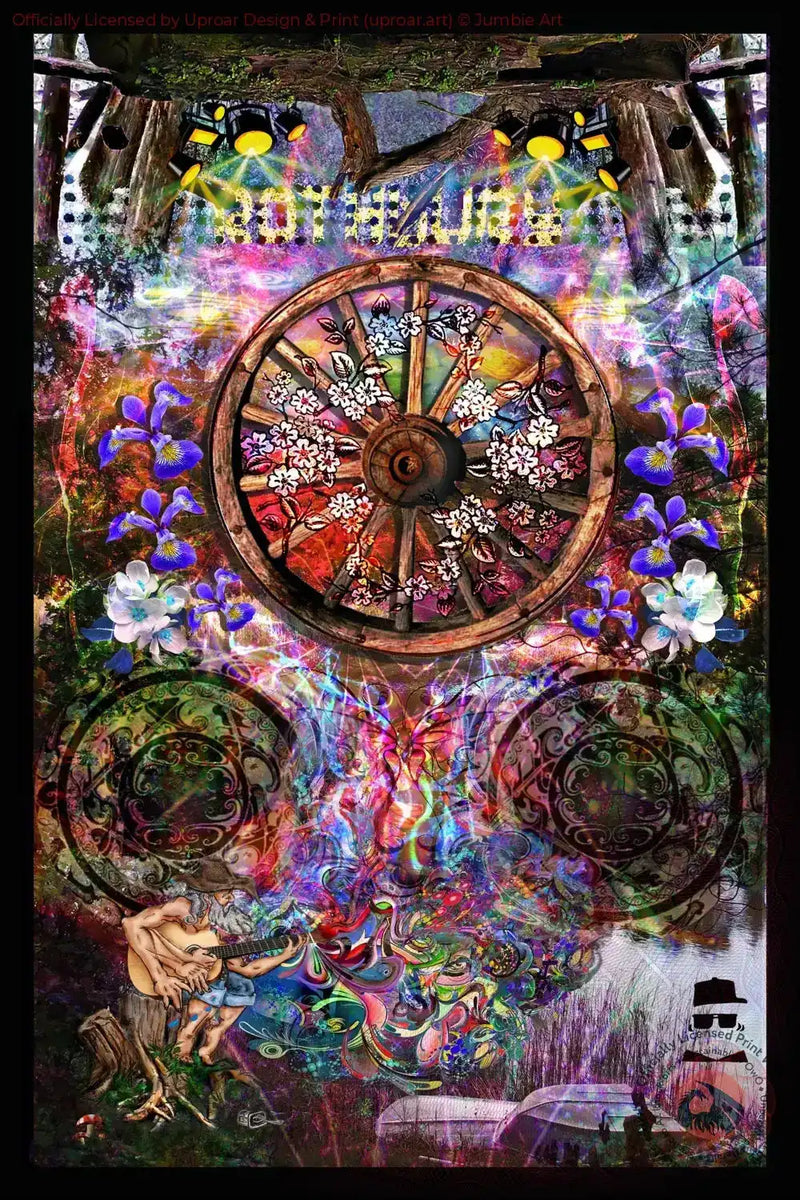 Colorful psychedelic art print with clock, flowers, and guitar