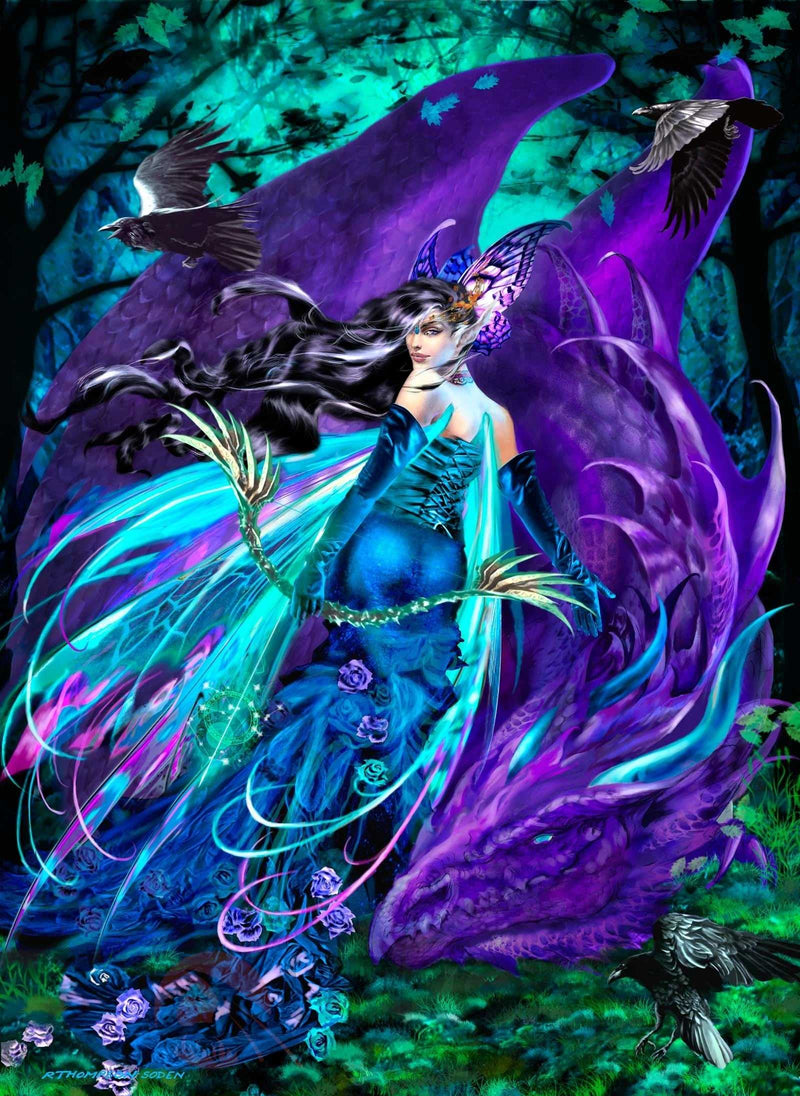 Fantasy art print of a fairy with black hair and dragon wings in a mystical forest with crows and glowing roses
