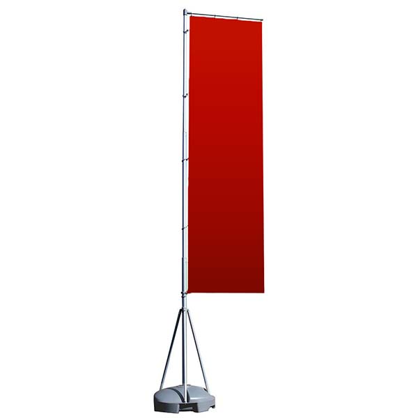 Red vertical banner on a stand against a white background