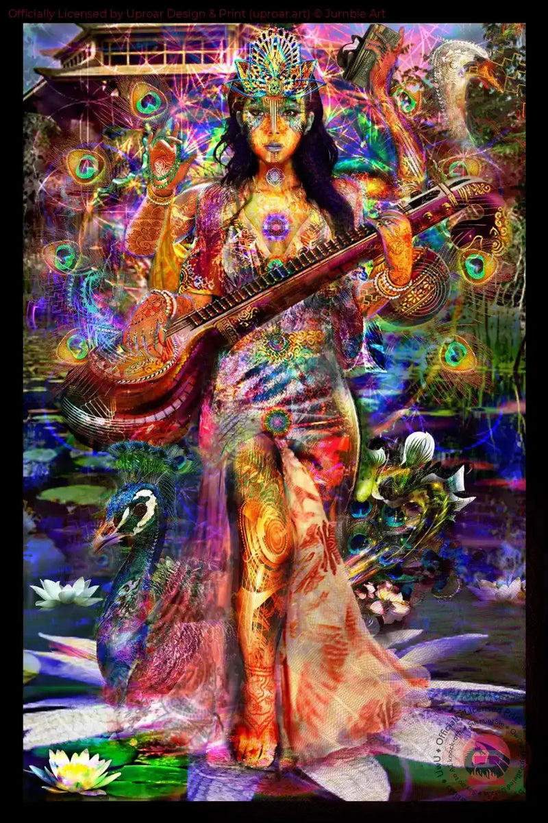 Vibrant Saraswati art print with peacock and musical instrument