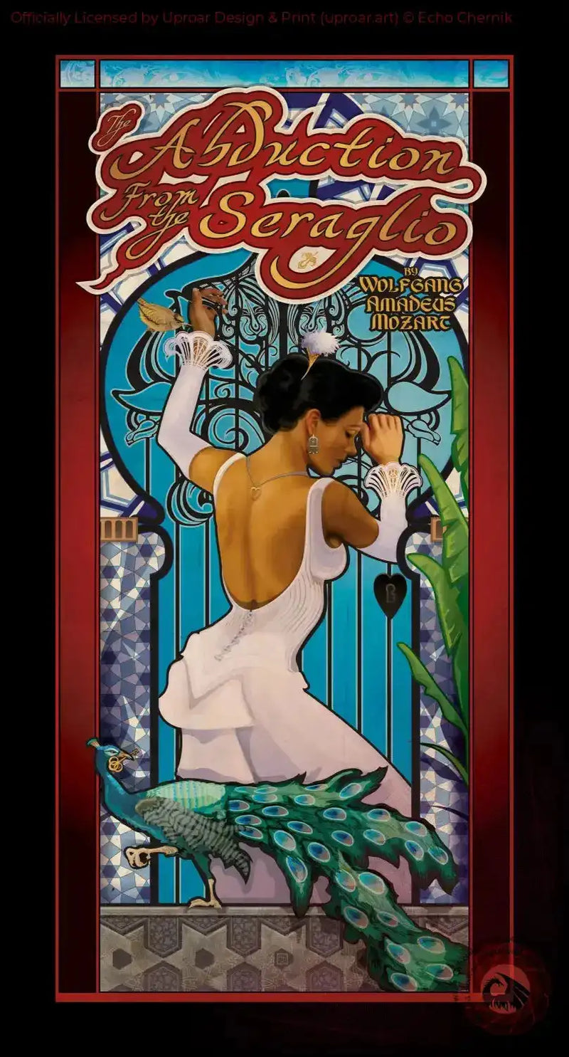 Seraglio art print with woman, peacock, stained glass, and decorative text