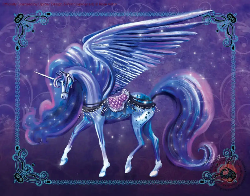 Fantasy unicorn with wings, celestial background, vibrant purple hues, decorative border, digital art print
