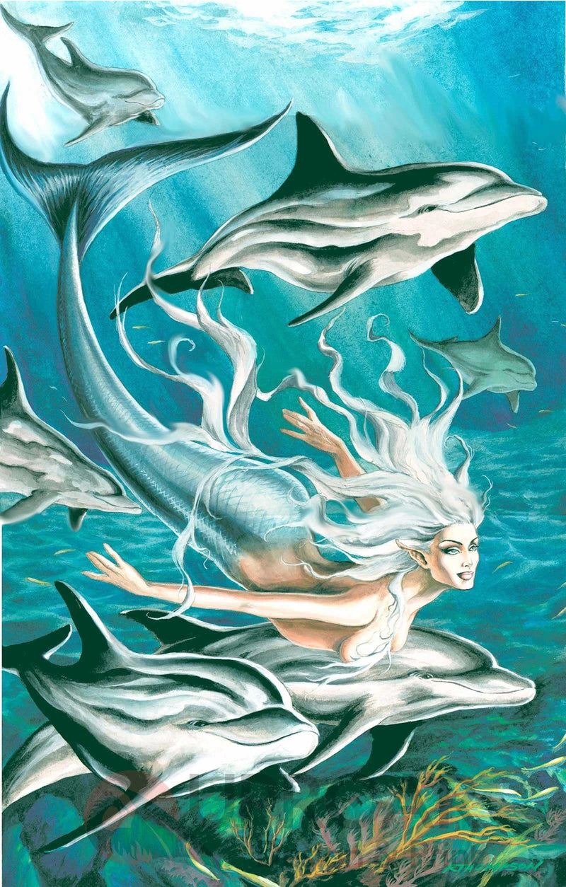 Fantasy mermaid with dolphins underwater art print