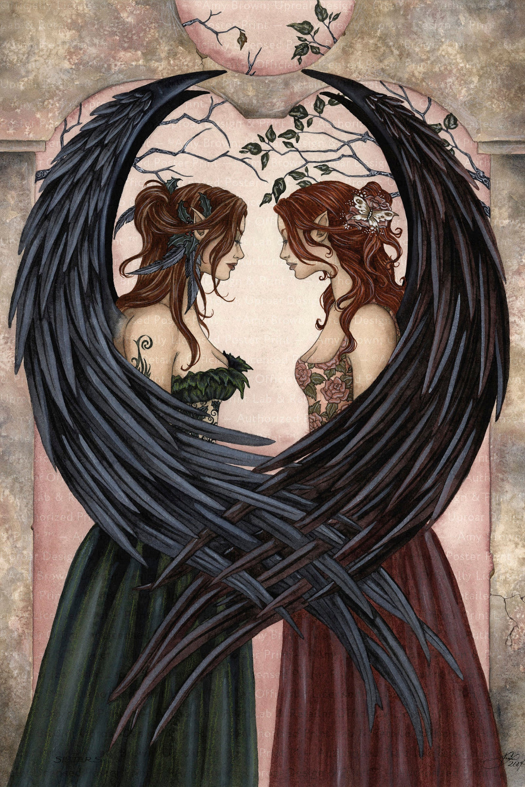 a painting of two women with black wings