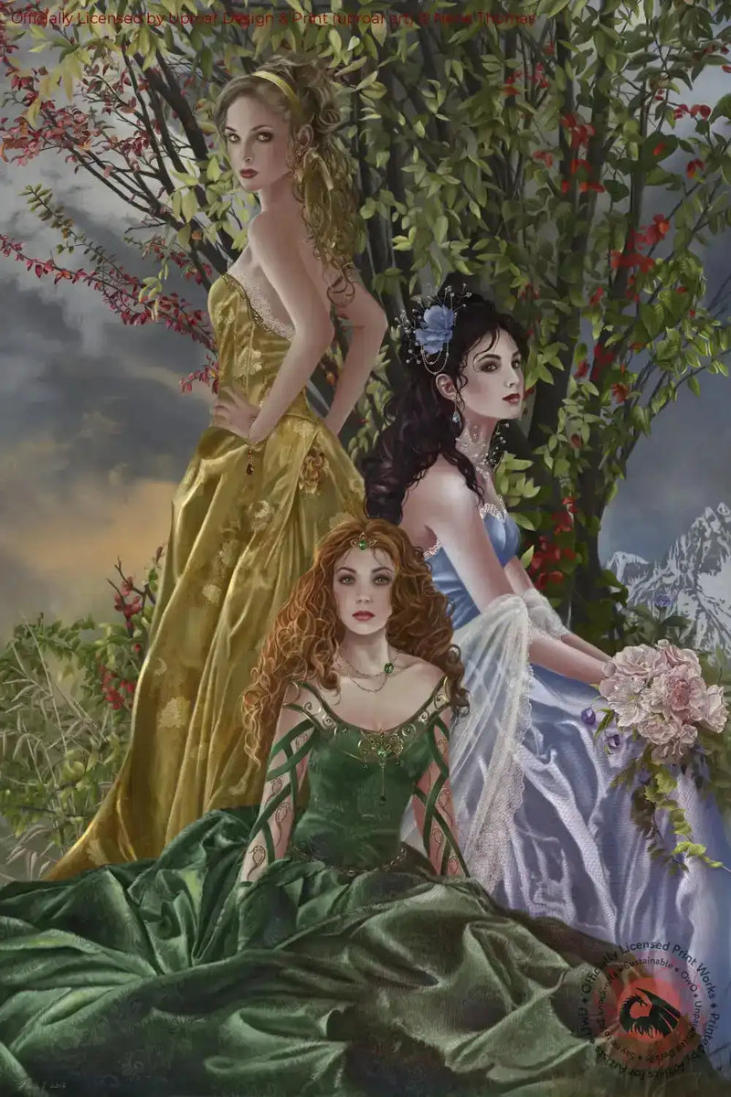 Fantasy art print of three women in elegant dresses with a lush garden background