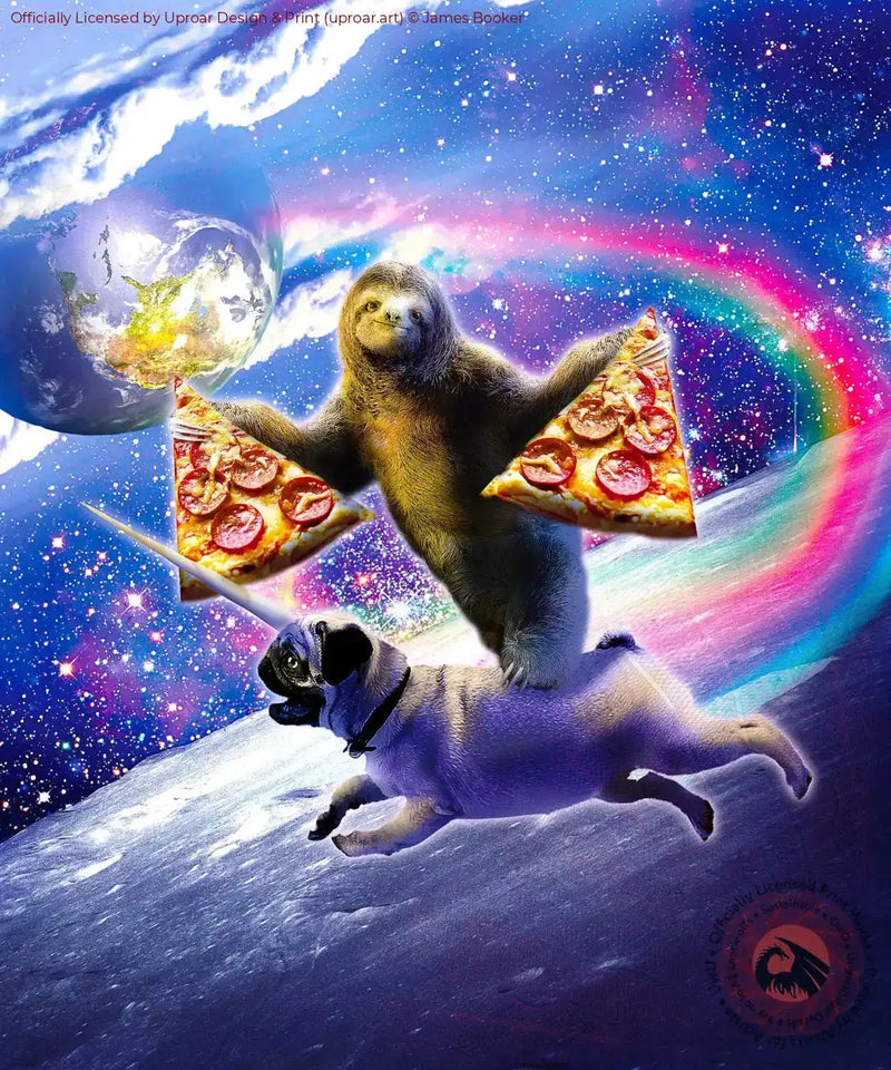 Sloth Pug art print with cosmic background and rainbow