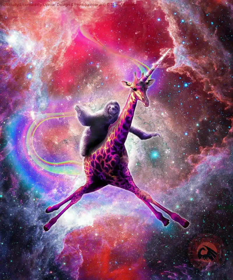 Unicorn giraffe with sloth in space cosmic art print