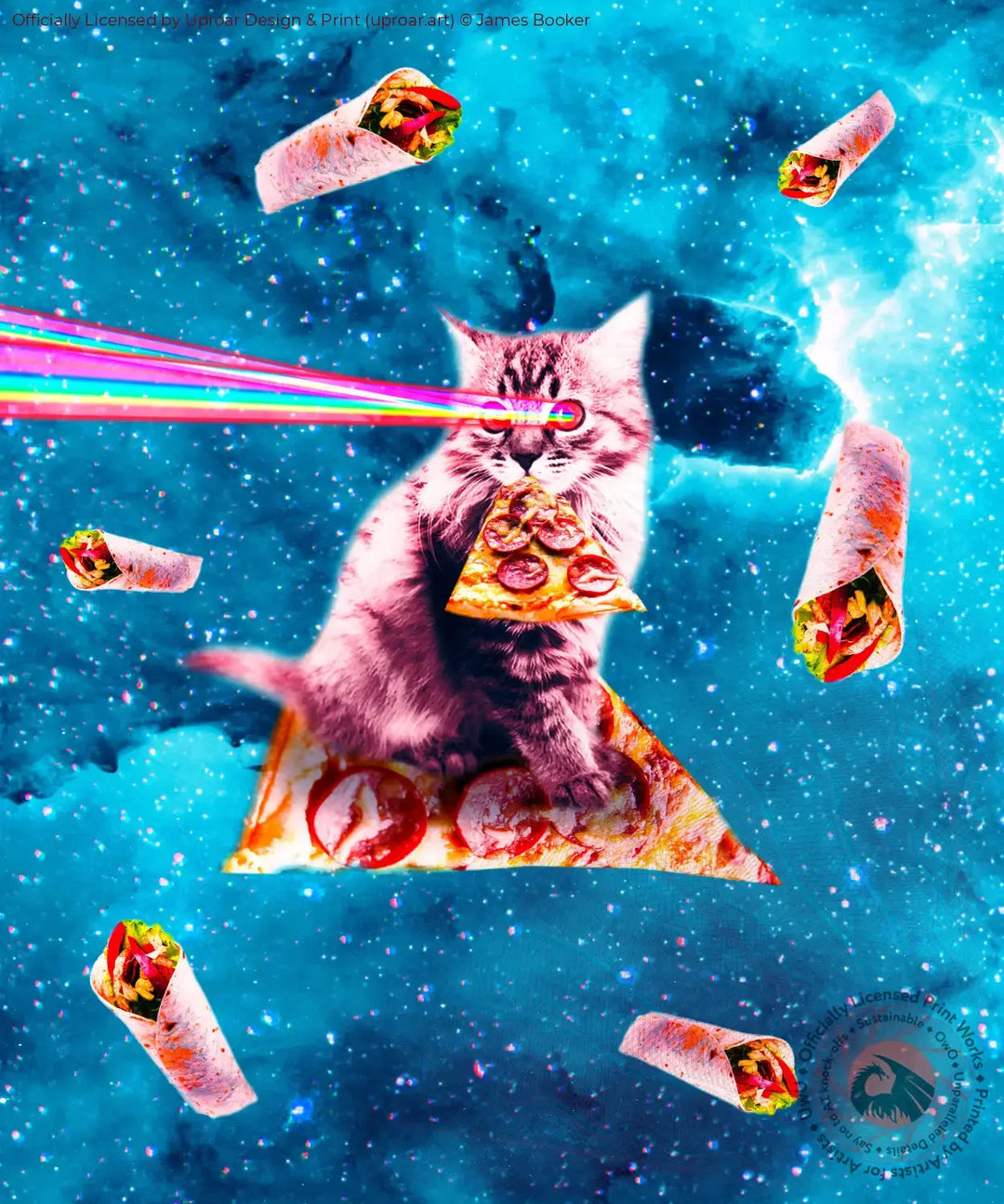 Space Cat Eating Pizza - Rainbow Laser Eyes Burrito Posters Prints & Visual Artwork