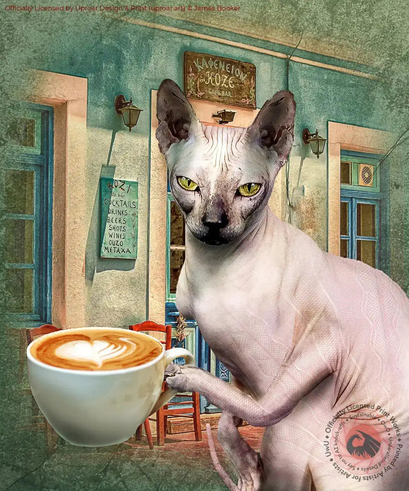 Sphynx hairless cat with coffee art print in home decor