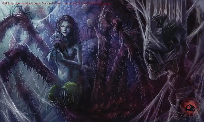 Dark fantasy art print of Spider Queen by Piya Wannachaiwong, featuring a mysterious woman surrounded by monstrous spiders, suitable for home decor