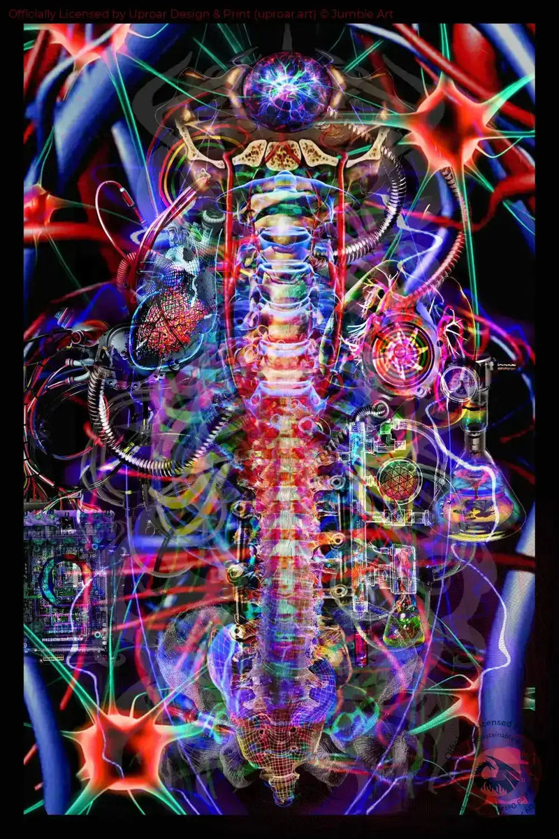 Neon sci-fi artwork of a human spine with electronic and cosmic elements, psychedelic art print for home decor