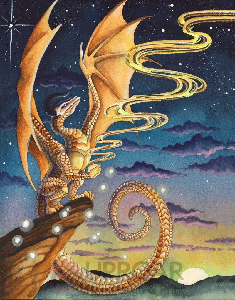 Dragon art print by Carla Morrow, fantasy illustration, celestial background, open edition poster