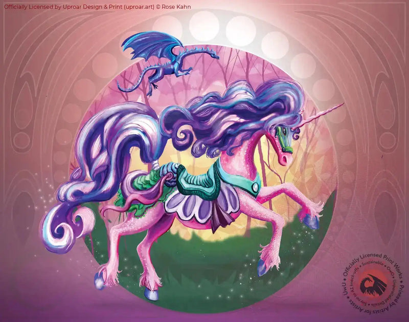 Colorful unicorn with flowing mane and a dragon flying above, fantasy artwork for home decor