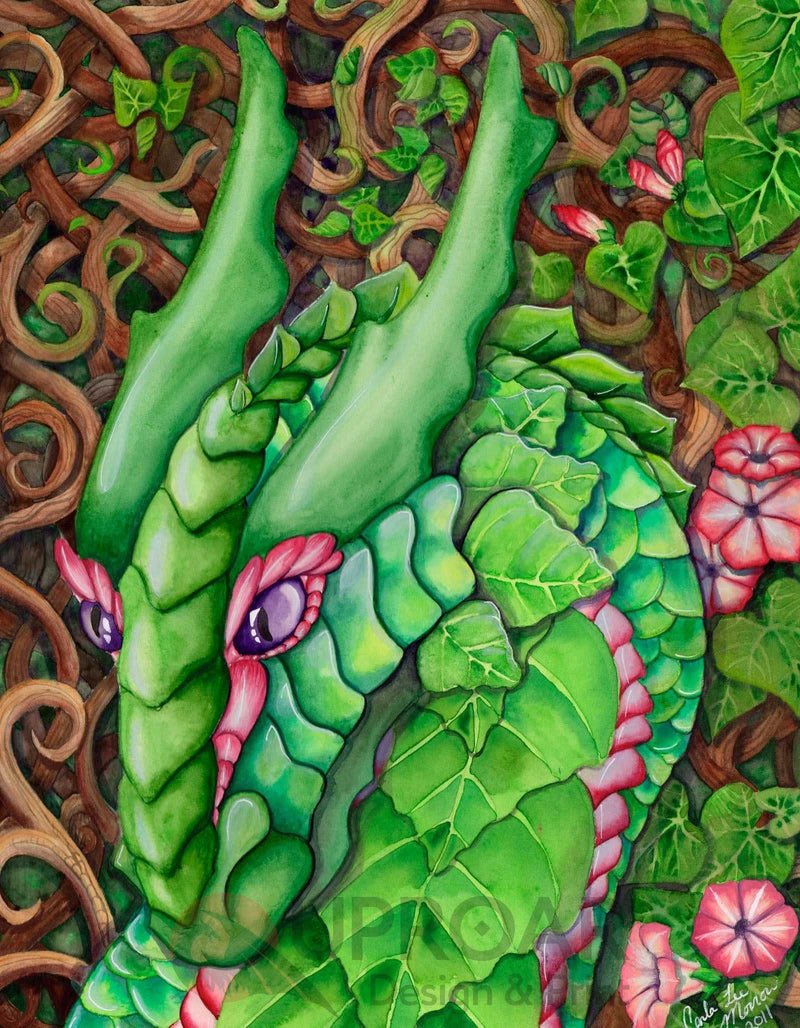 Vivid green leaves and pink flowers in botanical artwork