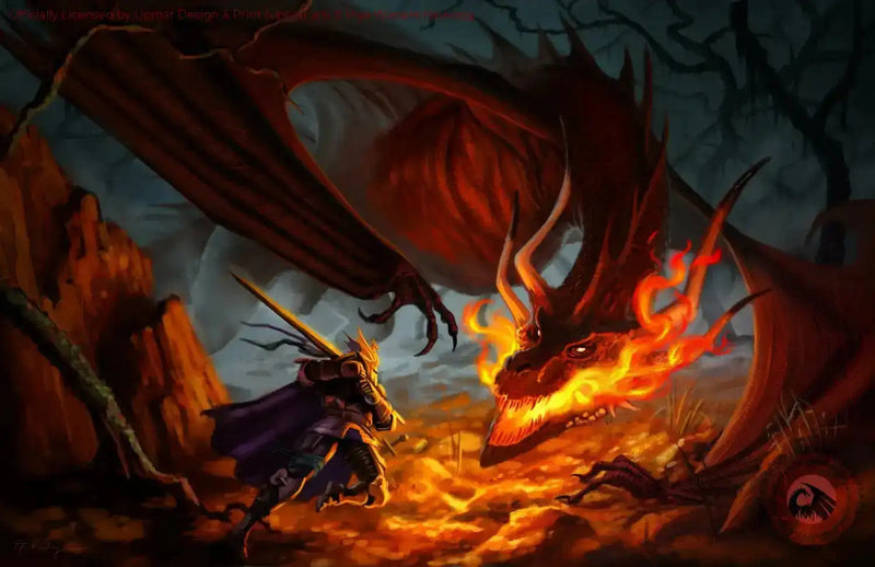 Fantasy art print of a knight battling a fiery dragon in a dark forest