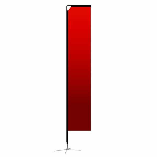 Red vertical banner on a stand against a white background