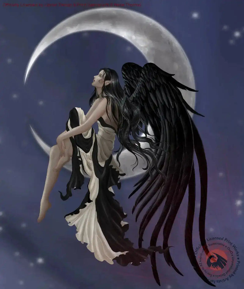 Dark angel with black wings and moonlit sky, fantasy art print