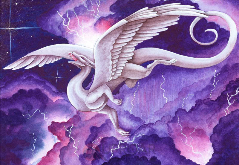 Storm Dancer by Carla Morrow art print with dragon and lightning in purple clouds