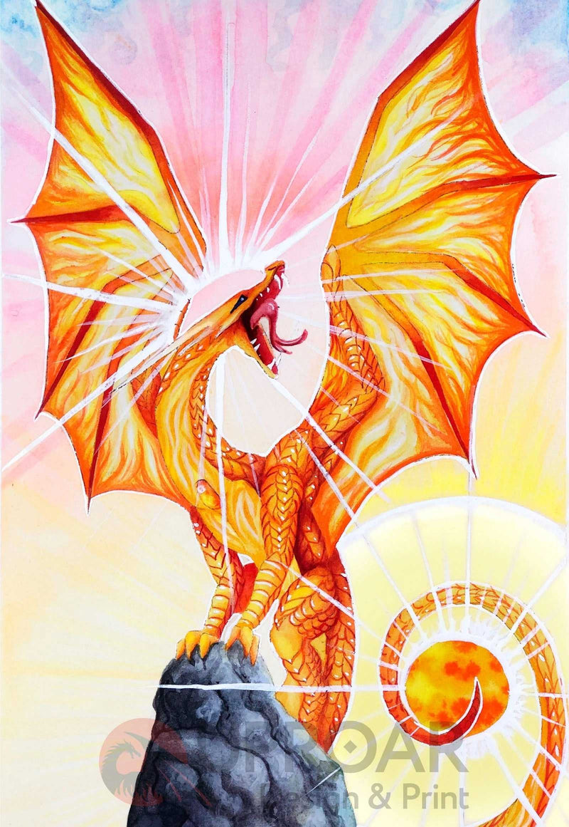 Dragon artwork print with fiery wings and sun background