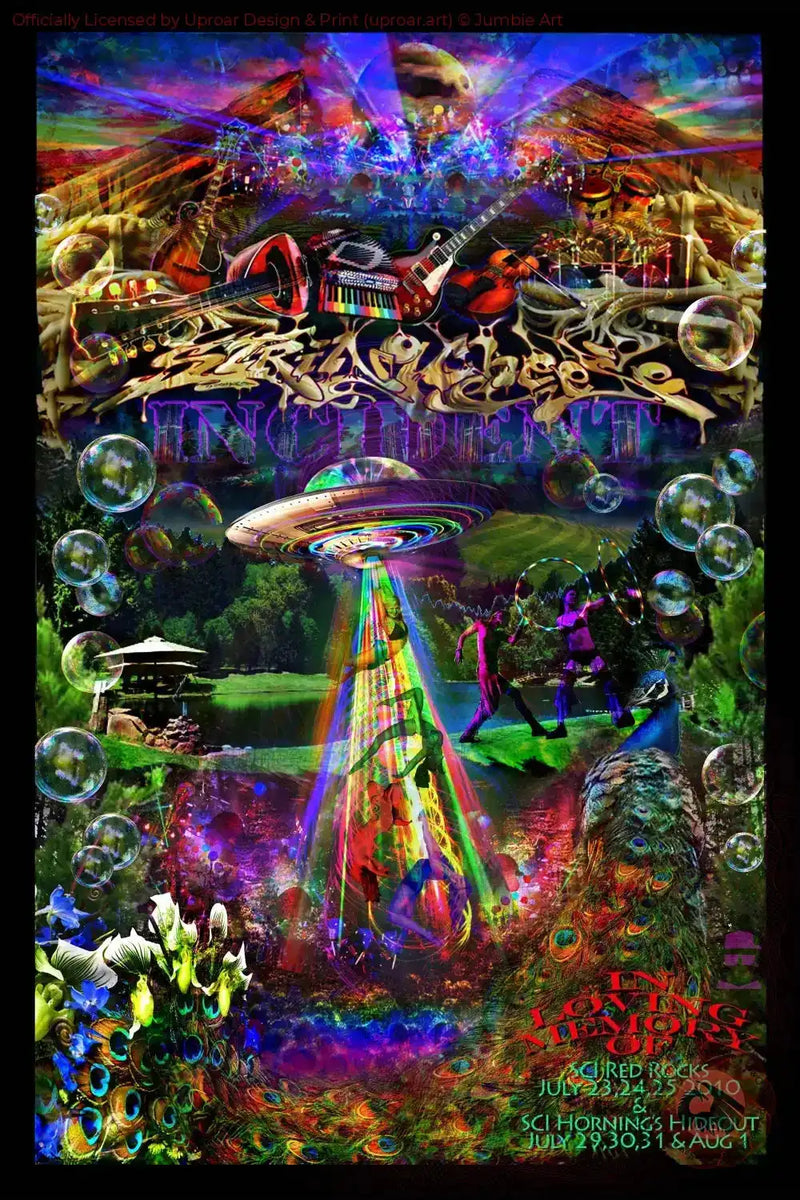 Colorful psychedelic poster with musical instruments and UFO theme