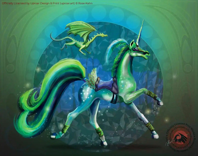 Green unicorn with a dragon flying above, fantasy artwork print