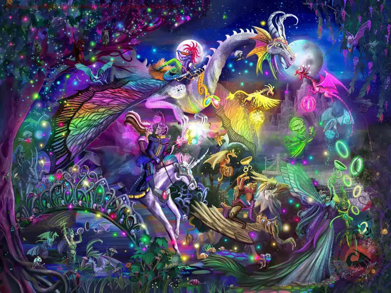 Colorful fantasy dragon scene with unicorn, fairy, and glowing lights