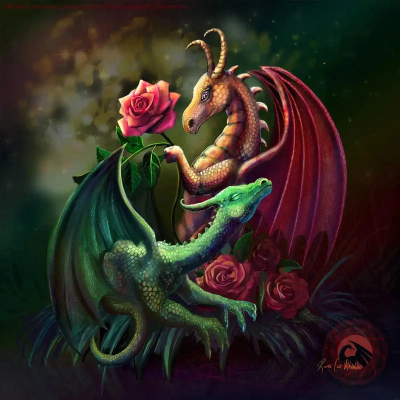 Fantasy dragon holding pink rose with green leaves, vibrant artwork for home decor