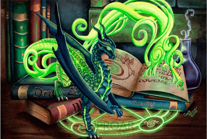 Fantasy dragon with glowing green magic over ancient books and scrolls