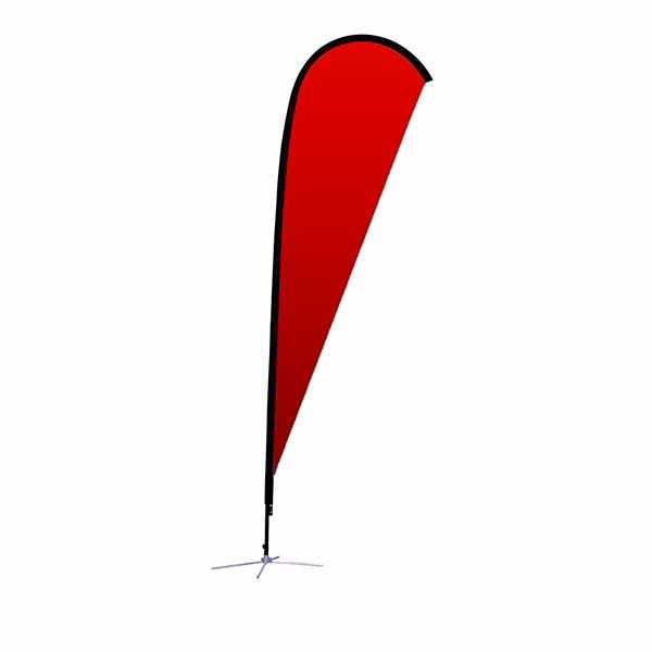Red feather flag with black trim on a white background