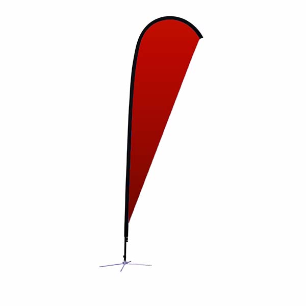 Red feather flag with black trim on a white background