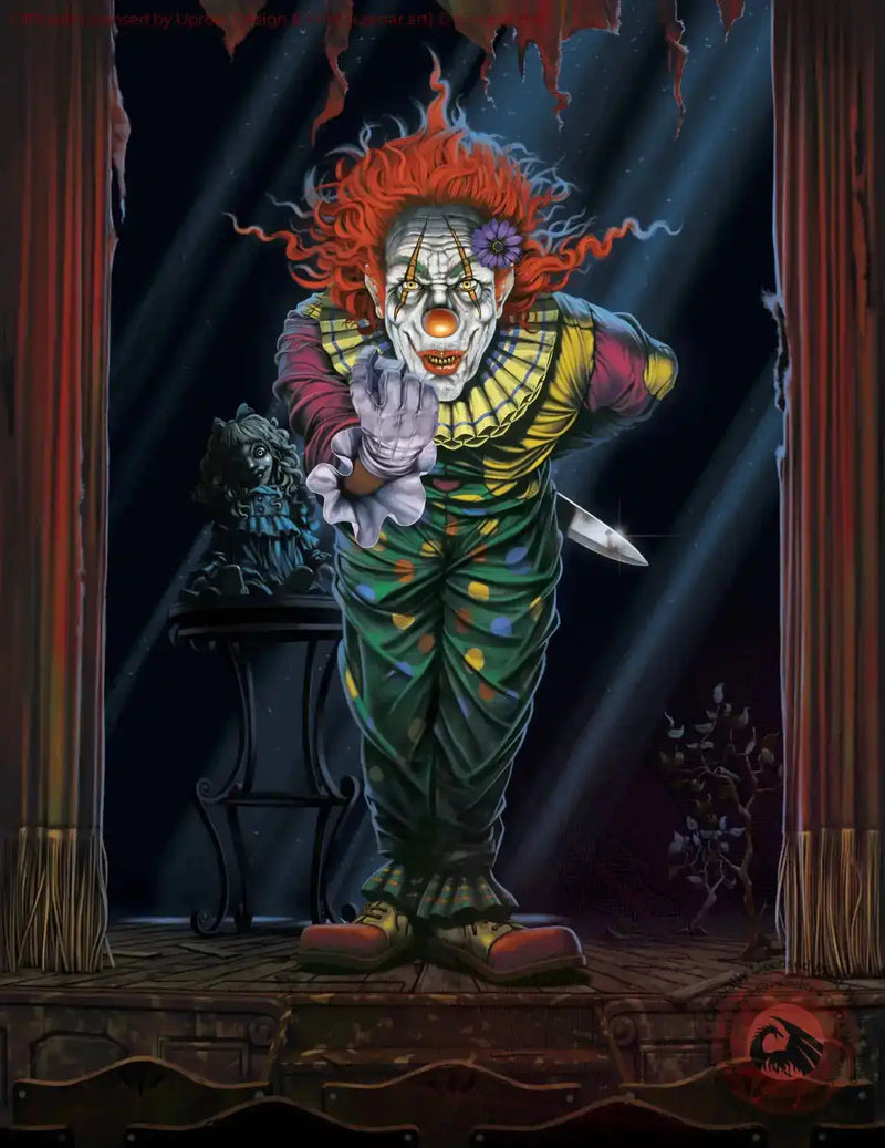 Clown art print on stage with spotlight, vibrant colors, dark fantasy style