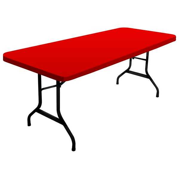Red folding table with black legs on a white background