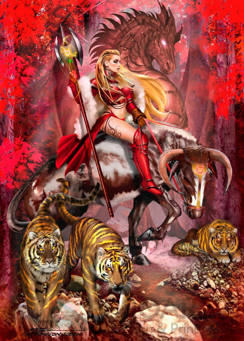 Fantasy artwork of a female warrior with a dragon and tigers in a red forest setting