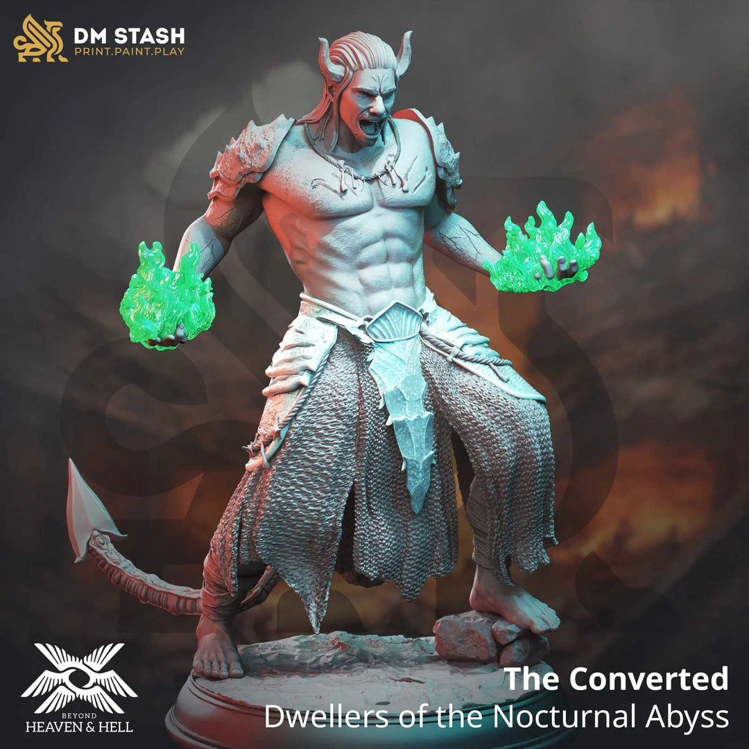 Demon scale model with glowing green flames, fantasy tabletop miniature