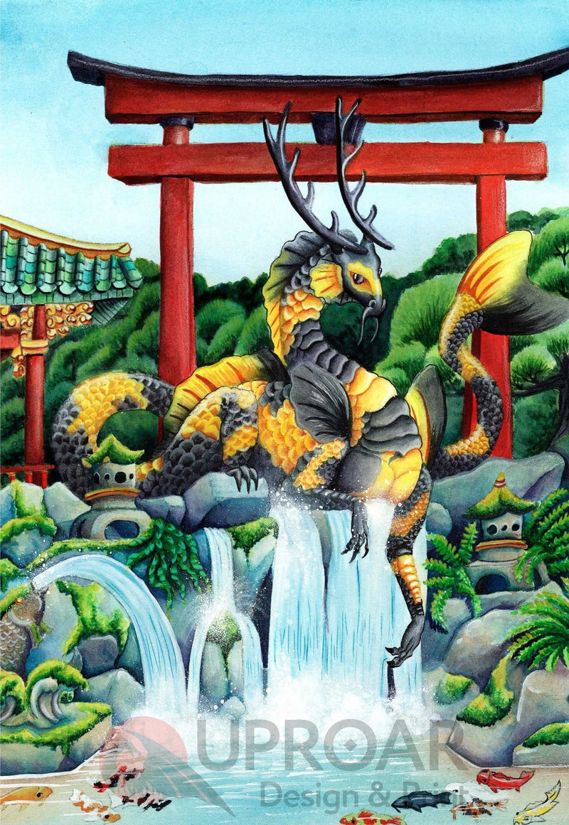 Dragon artwork print with traditional Japanese temple background