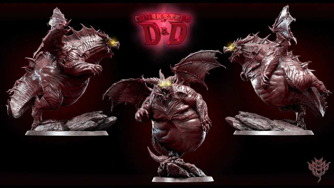 The Main Chonk Pose 02 D&D scale model with dragon-like creature on rocky base