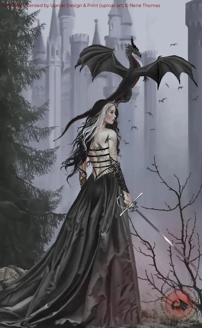 Dark fantasy art print of a woman with long black and white hair holding a sword, with a black dragon perched on her shoulder, set against a gothic castle background