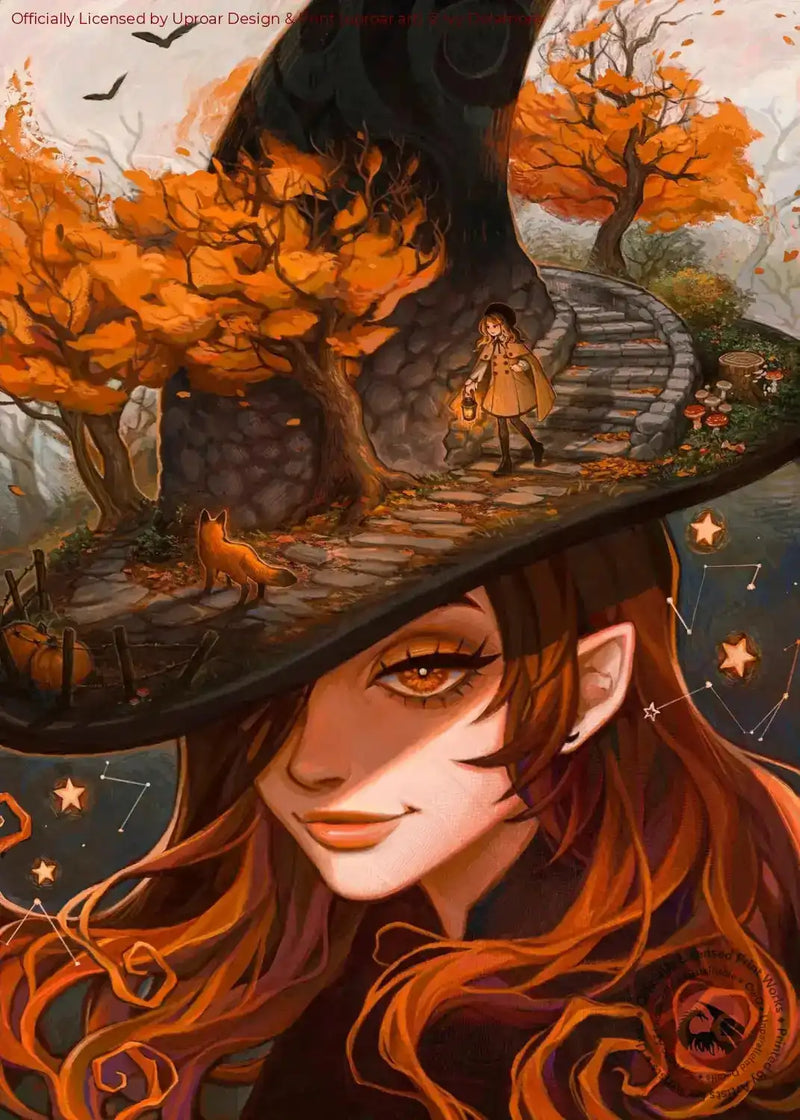 Autumn forest scene with a girl holding a lantern, a fox, and vibrant orange trees, in a fantasy art style