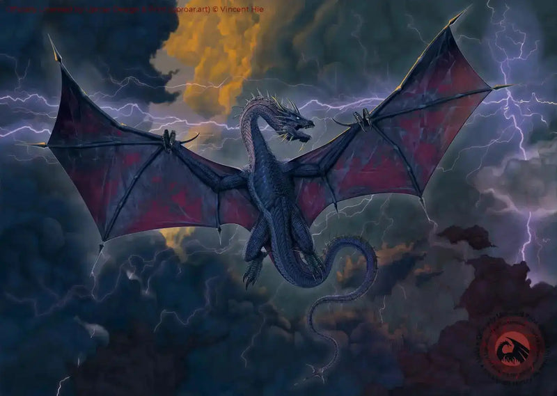 Dark dragon print with lightning storm background