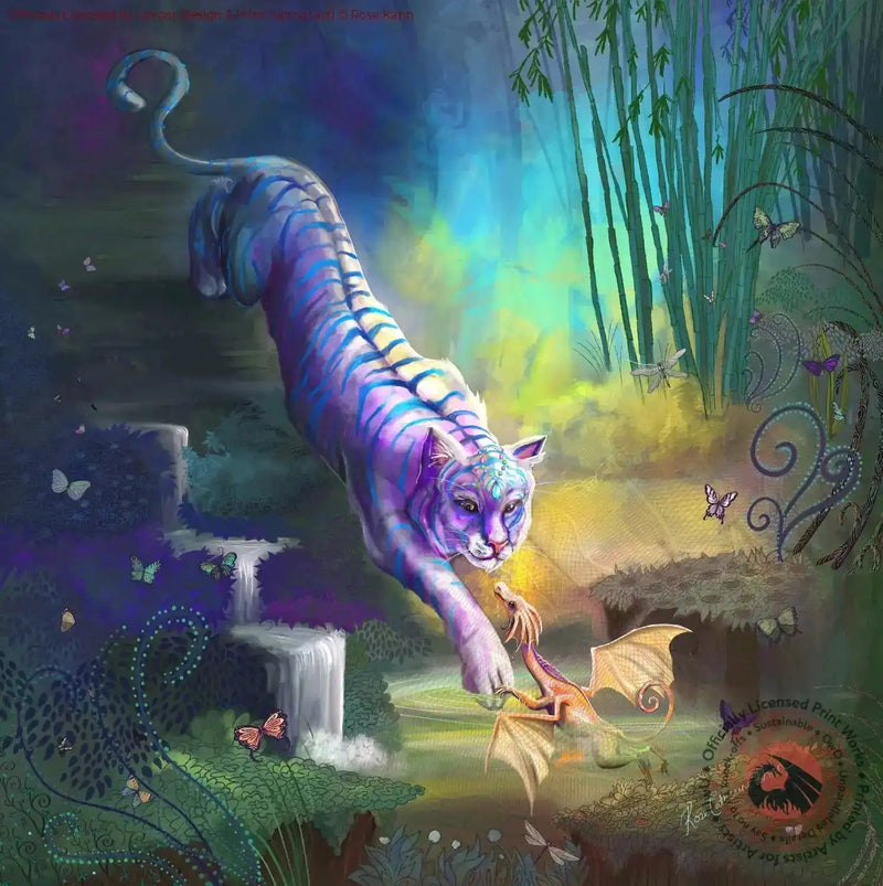 Colorful tiger and tiny dragon fantasy artwork with butterflies and bamboo