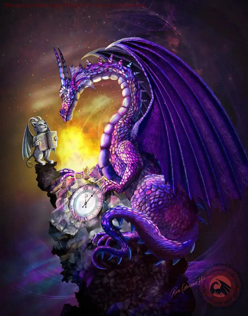 Purple dragon with wings and clock, fantasy art print