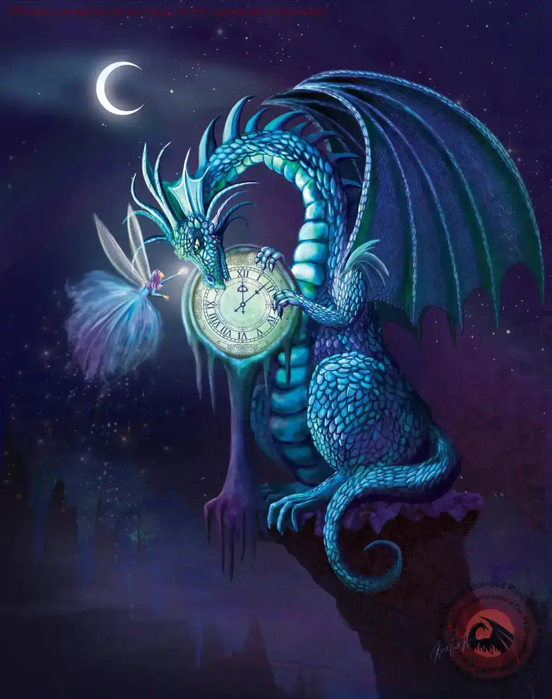 Blue dragon with clock and fairy under moon in fantasy art print