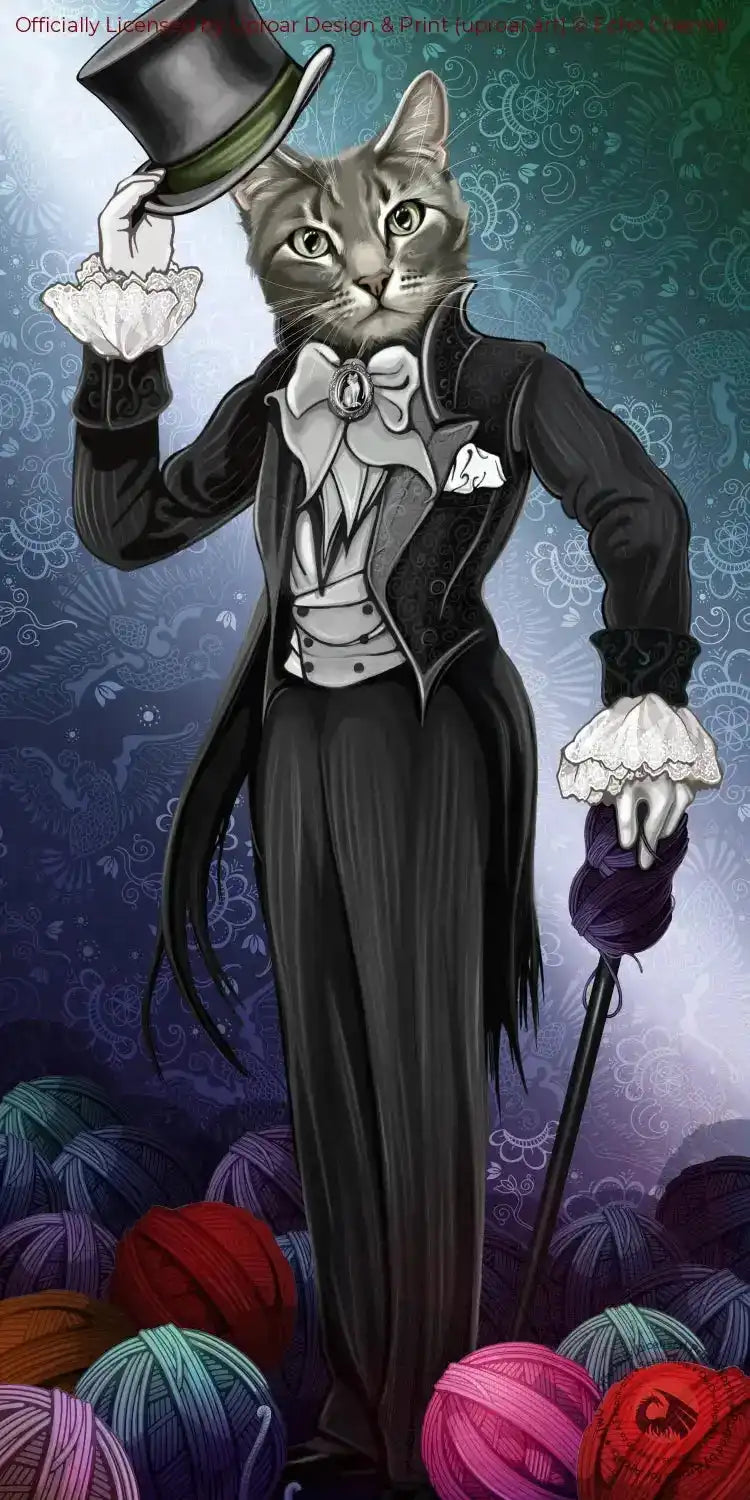 Cat dressed as a magician in a tuxedo with a top hat, holding a ball of yarn, on a colorful background with yarn balls