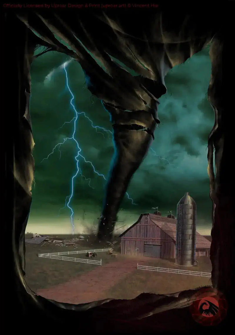 Tornado Breakthrough art print by Vincent Hie, storm and farm scene, dark sky, lightning, farm buildings, barn, silo, rural landscape