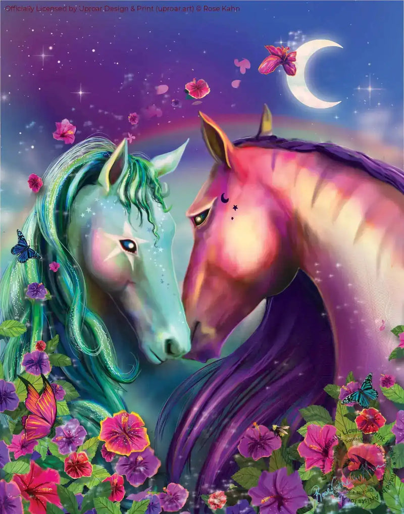 Fantasy unicorn art print with colorful flowers and moon